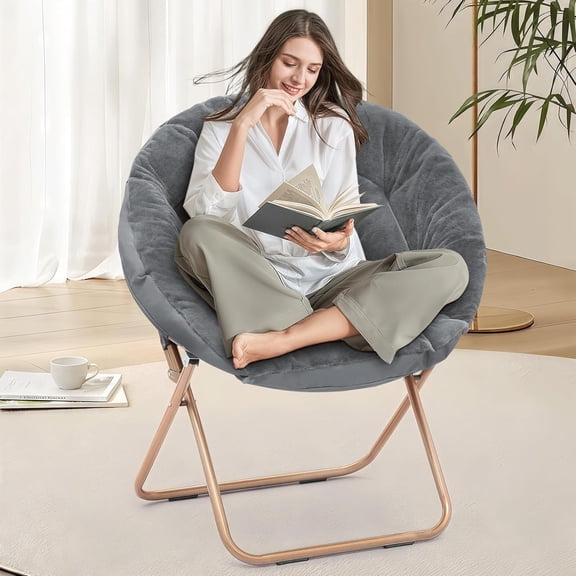 Cozy Saucer Chair, Living Room Chair, Faux Fur Soft Thick Padded Folding Chair, Comfortable Moon Chair for Living Room, Bedroom, Reading Nook, Modern Style, Gray
