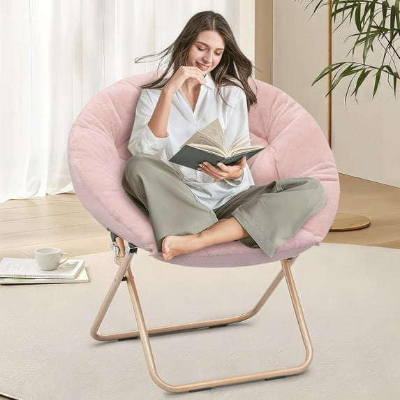 Cozy Saucer Chair, Living Room Chair, Faux Fur Soft Thick Padded Folding Chair, Comfortable Moon Chair for Living Room, Bedroom, Reading Nook, Modern Style, Pink
