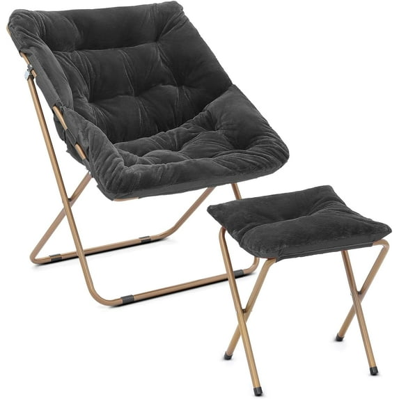 Cozy Saucer Chair, Living Room Chair, Faux Fur Soft Thick Padded Folding Chair, Comfortable Square Moon Chair for Living Room, Bedroom, Reading Nook, Modern Style, Black