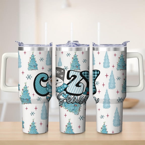 Cozy Season Christmas Trees Stainless Steel Insulated Mug with Lid and Handle, 30oz