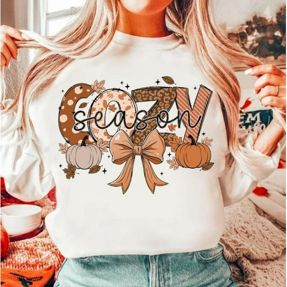 Cozy Season Sweatshirt, Retro Fall Vibes Shirt with Coquette Bow, Cute Autumn SWEAT Sweatshirt for Thanksgiving, Girly Seasonal Outfit for Women