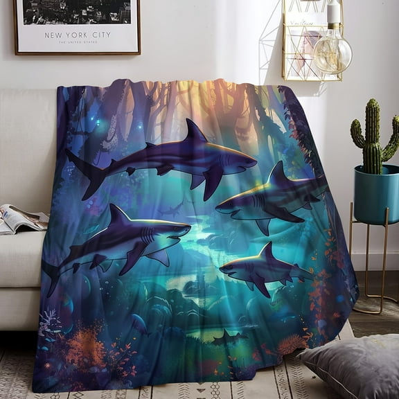 Cozy Shark-Themed Flannel Throw Blanket Soft Warm and Perfect for Couch Bed Office and Travel Ideal Gift for Animal Lovers