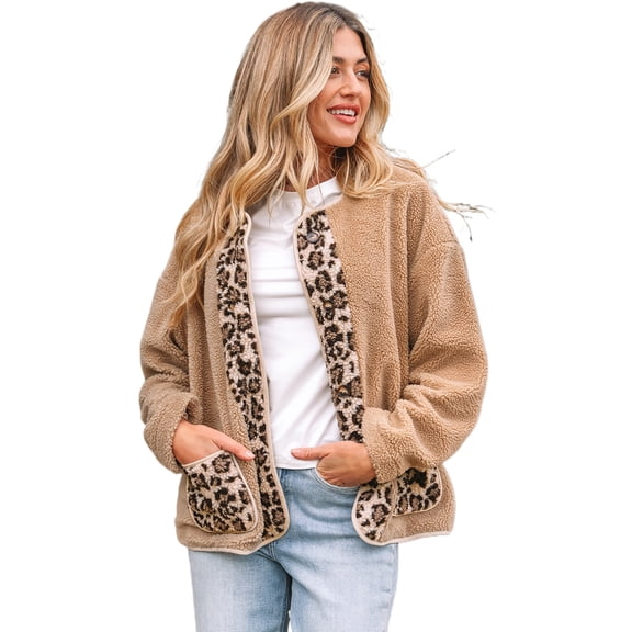 Cozy Sherpa Leopard Accent Jacket for Women – Western Style Winter Layering | L