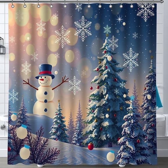 Cozy Shower Curtain with Cheerful Snowman & Snowy Forest