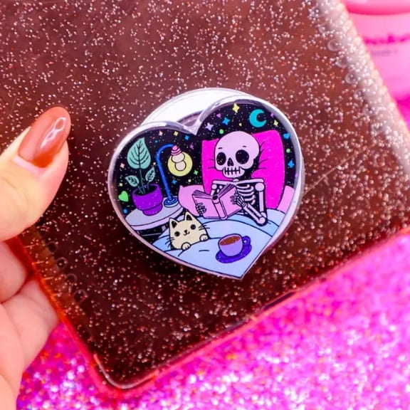 Cozy Skeleton Glitter Phone Grip, Girlie, Book Lover Gift, Book Babe, Reader Gift, E-Reader Accessory