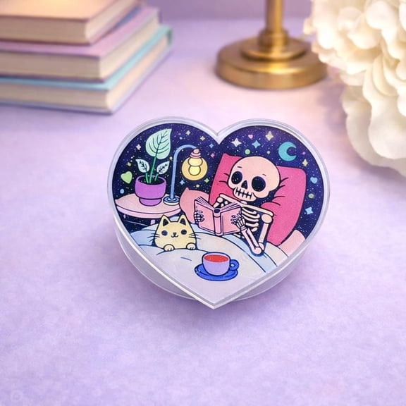 Cozy Skeleton Reading Phone, Kawaii Cute Book Lover Phone, Spooky Heart Phone Grip, Book Lover Phone Holder, E-Reader Accessory