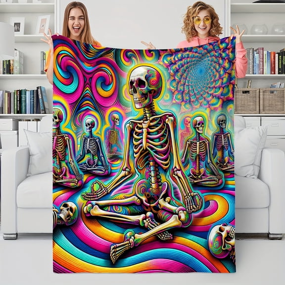Cozy Skull Skeleton Meditation Flannel Throw Blanket - Soft, Warm, and Perfect for Couch, Bed, Office, or Travel - Ideal Gift for Friends
