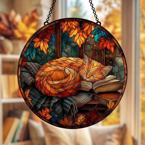 Cozy Sleeping Cat Acrylic Suncatcher, Orange Cat in Autumn Leaves Faux Stained Glass Window Hanging, Book Nook Decor Gift For Readers