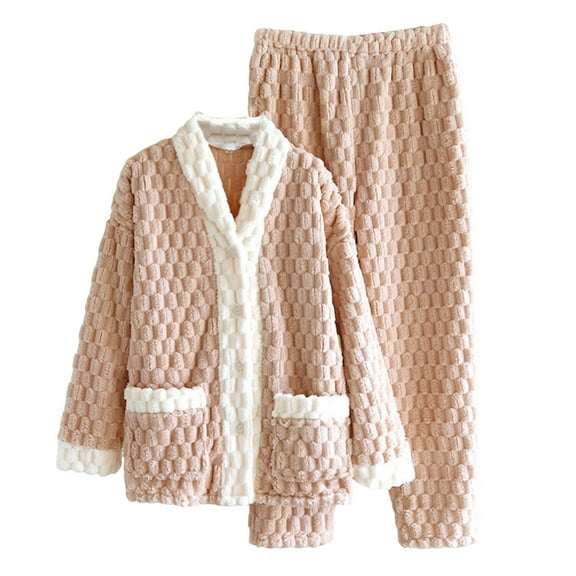 Cozy Sleepwear for Women Warm Fleece Pajama Set Fall And Winter 2 Pieces Lounge Sets Pink XL