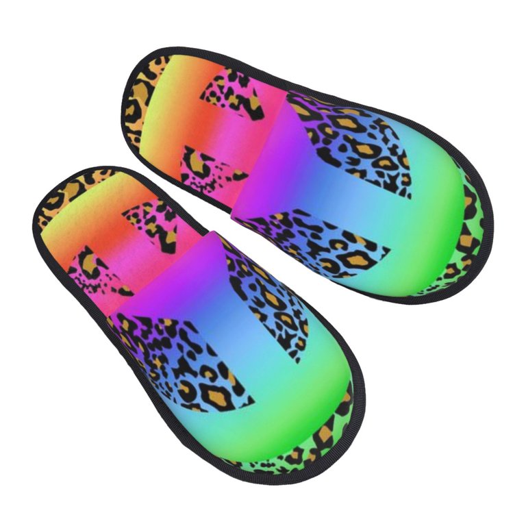 Cozy Slippers for Women Men Rainbow Leopard Print Winter 