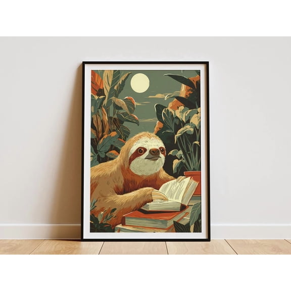 Cozy Sloth Reading Book Jungle Wildlife Dorm Poster Unframed Paper Print