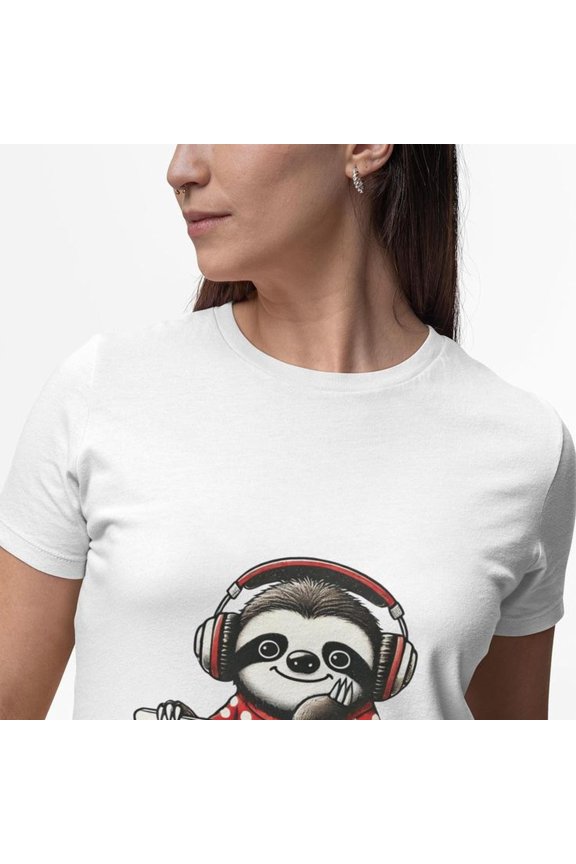 Cozy Sloth with Headphones on Laptop Unisex T-Shirt,Cute Music Lover Novelty Tee Gift,Relaxed Sloth Graphic Top,Gamer Shirt for Animal Lover