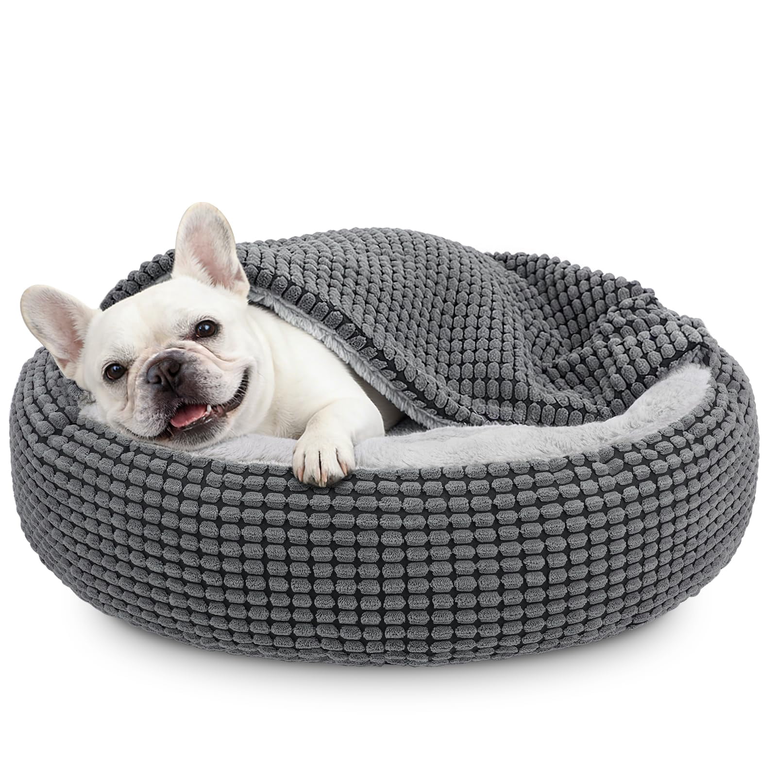 Cozy Small Dog Bed with Attached Blanket, Orthopedic Donut Cuddler, Anti-Anxiety Hooded Calming Cave, Washable with Non-Slip Bottom, 23 Inch