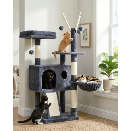 Cozy Smoky Gray Cat Tree Tower with Removable Toys and Hammock 41.3 Inches