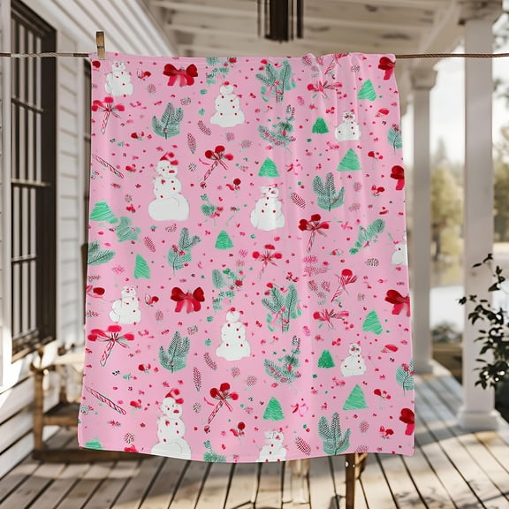Cozy  Snowman Winter Pattern Blanket - Soft Pink Holiday Bedspread with Snowy Trees & Bows, All-Season Sofa Throw or Bed Cover, Machine Washable Comforter for Bed, Couch, Lounge