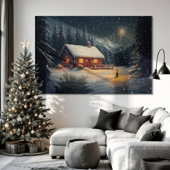 Cozy Snowy Cabin Wall Art Winter Festive Night Scene Print Rustic Seasonal Decor Decor Winter Forest Landscape Poster Ready to Hang Gift, Unframed Poster Size 16x24