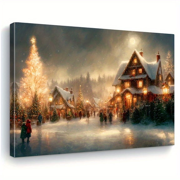 Cozy Snowy Christmas Village Canvas Wall Art with Pine Wood Frame - Warm Lights, Falling Snowflakes, and Festive Decor for Living Room, Bedroom, Kitchen, or Office - Ideal Holiday Gift,