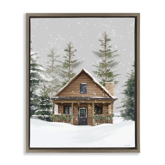 Stupell Industries Cozy Snowy Forest Cabin Brown Framed Floater Canvas Wall Art, design by House Fenway, 31 x 25