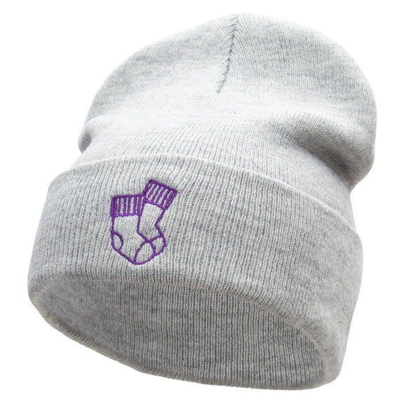 Cozy Socks Embroidered 12 Inch Long Knitted Beanie - Heather Grey OSFM