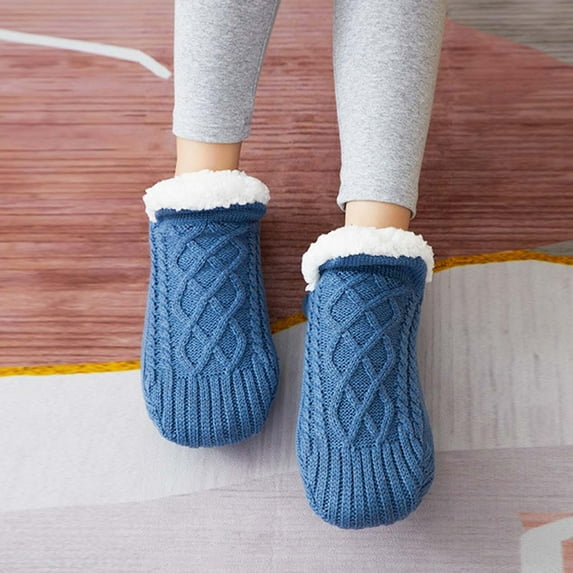Cozy Socks,Slipper Socks for Women,Woven And Velvet Indoor Slippers ,Thicken Warm Home Bedroom Slippers Non-slip Foot Warm Snow Indoor Non-slip Thermal,Women Slipper Fuzzy Socks(Blue M)