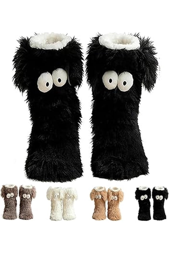 Cozy Socks, Winter Warm Fuzzy Non-Slip Slipper Socks with Cute Big Eyes, Thick Fleece Floor Long Socks（Black）（XX）