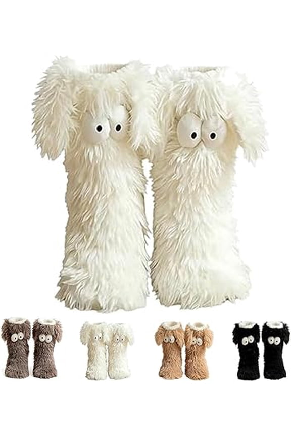 Cozy Socks, Winter Warm Fuzzy Non-Slip Slipper Socks with Cute Big Eyes, Thick Fleece Floor Long Socks(White)(XX)