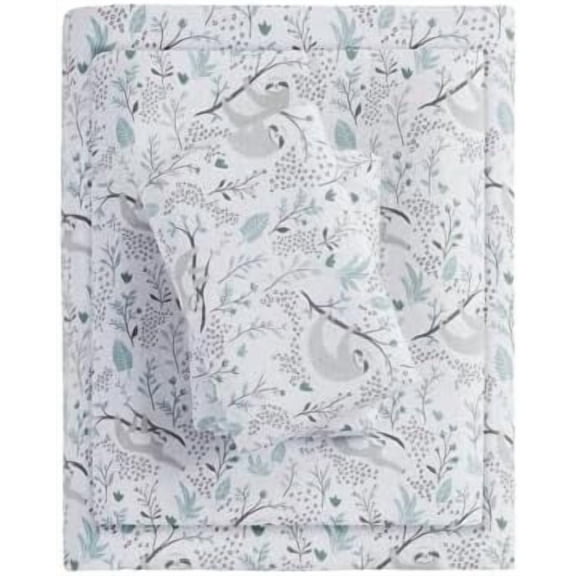 Cozy Soft 100% Cotton Flannel Print Animals Stars Cute Warm, Ultra Soft Cold Weather Sheet Set Bedding, Full, Grey Sloths 4 Piece