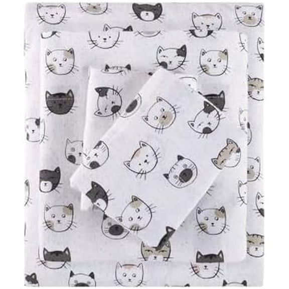 Cozy Soft 100% Cotton Flannel Print Animals Stars Cute Warm, Ultra Soft Cold Weather Sheet Set Bedding, Twin, Grey/Pink Cats 3 Piece