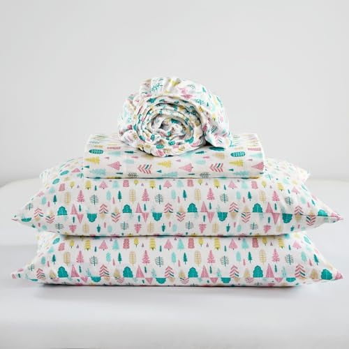 Cozy Soft 100% Cotton Flannel Sheets, Breathable Festive & Adorable Print Cotton Flannel Sheet Set, Deep Pocket Sheet Fits Up to 14" Mattress, Twin XLWhite Holiday Trees 3 Piece