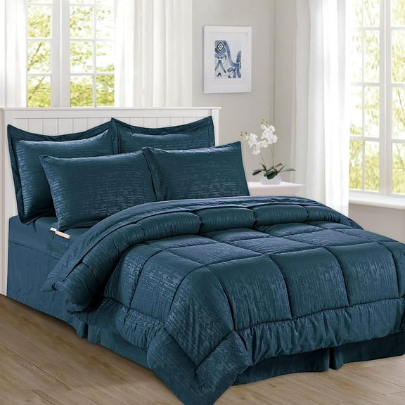 Cozy & Soft 8-Piece Bedding Set - Includes Comforter, Smart Sheet Set, Bed Skirt, Matching Pillowcases and Shams, Bamboo Design, King/California King, Navy Blue Comforter Set