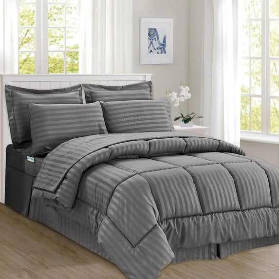 Cozy & Soft 8-Piece Bedding Set - Includes Comforter, Smart Sheet Set, Bed Skirt, Matching Pillowcases and Shams, Striped Design, Full/Queen, Gray Comforter Set