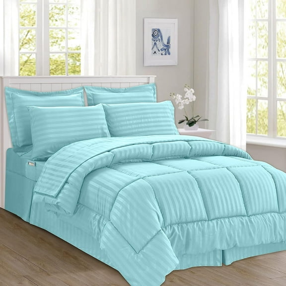 Cozy & Soft 8-Piece Bedding Set - Includes Comforter, Smart Sheet Set, Bed Skirt, Matching Pillowcases and Shams, Striped Design, King/California King, Aqua Comforter Set