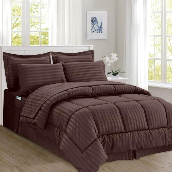 Cozy & Soft 8-Piece Bedding Set - Includes Comforter, Smart Sheet Set, Bed Skirt, Matching Pillowcases and Shams, Striped Design, King/California King, Brown Comforter Set