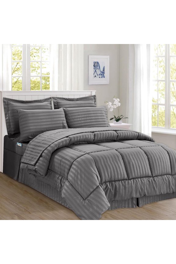 Cozy & Soft 8-Piece Bedding Set - Includes Comforter, Smart Sheet Set, Bed Skirt, Matching Pillowcases and Shams, Striped Design, King/California King, Gray Comforter Set