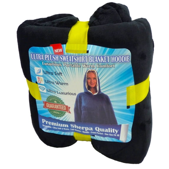 Oversized Sherpa Hoodie Sweatshirt - Warm Luxurious Fleece Microfiber Hoodie Blanket - Cozy, Reversible, Hooded, w/ Comfortable Large Pockets - Large Unisex Black