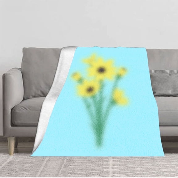 Cozy Soft Flannel Blanket - Durable Warm Throw for Sofa Travel & Bed - Cheerful Yellow Floral Design on Light Blue Background