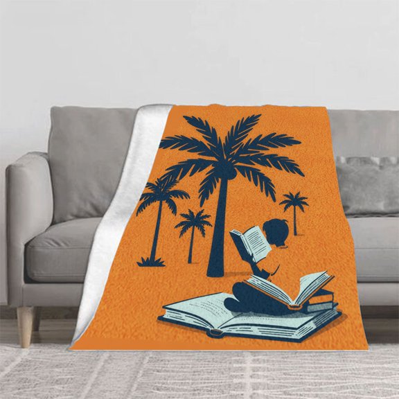 Cozy Soft Flannel Blanket - Durable Warm Throw for Sofa Travel & Bed - Elegant Palm Tree Silhouette Design on Orange Background