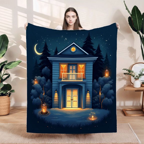 Cozy Soft Flannel Blanket - Durable Warm Throw for Sofa Travel & Bed - Enchanting Starry Night Design with Pine Trees