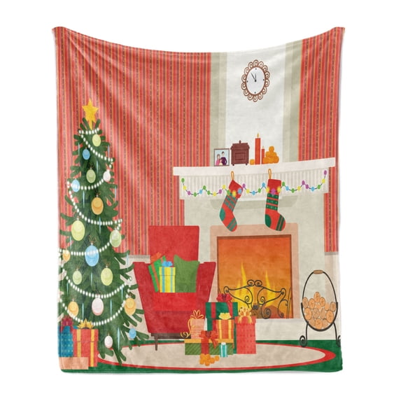 Cozy Soft Flannel Fleece Throw Blanket, Cartoon Design Living Room Look with Christmas Essential Tree and Present Boxes, Cozy Plush for Indoor and Outdoor Use, 50" x 60", Multicolor, by Ambesonne