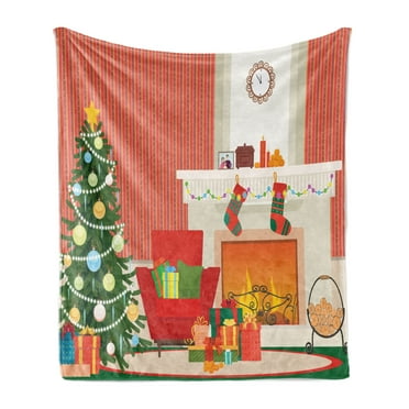 Cozy Soft Flannel Fleece Throw Blanket, Cartoon Design Living Room Look with Christmas Essential Tree and Present Boxes, Cozy Plush for Indoor and Outdoor Use, 50" x 70", Multicolor, by Ambesonne