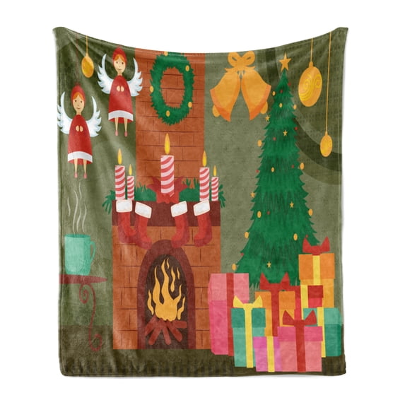 Cozy Soft Flannel Fleece Throw Blanket, Cartoonish Design Christmas Night at Home with Tree Gifts Bells Stockings, Cozy Plush for Indoor and Outdoor Use, 50" x 60", Multicolor, by Ambesonne