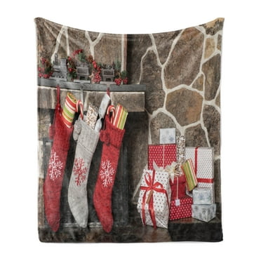 Cozy Soft Flannel Fleece Throw Blanket, Christmas Themed Photo of Hanged Stuffed Stockings on Log and Gift Boxes, Cozy Plush for Indoor and Outdoor Use, 60" x 80", Multicolor, by Ambesonne