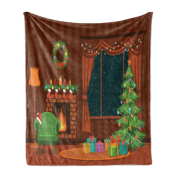 Cozy Soft Flannel Fleece Throw Blanket, Merry Christmas Themed Cartoon Design Room with Log Flame Tree and Presents, Cozy Plush for Indoor and Outdoor Use, 50" x 60", Multicolor, by Ambesonne