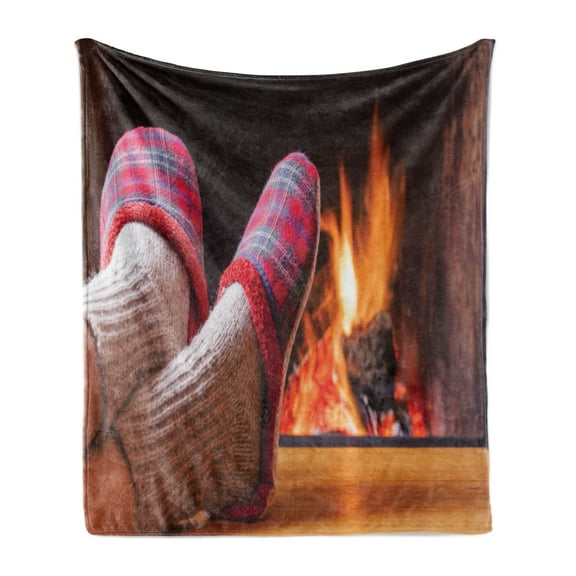 Cozy Soft Flannel Fleece Throw Blanket, Relaxing Home Photo with Cozy Socks and Slippers Blurred Flame Background, Cozy Plush for Indoor and Outdoor Use, 70" x 90", Multicolor, by Ambesonne