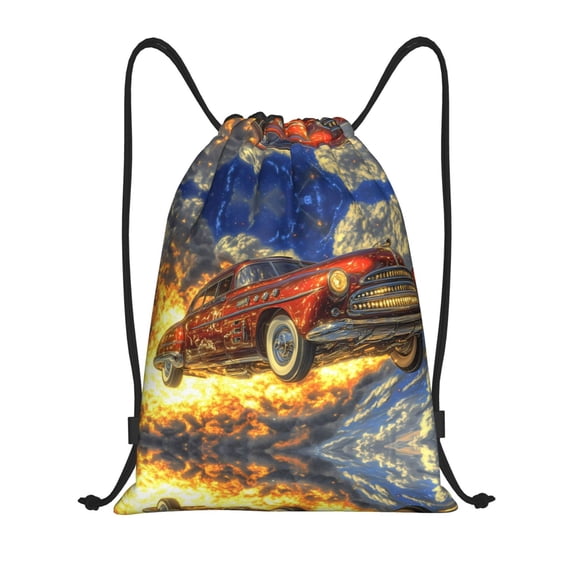 Drawstring Backpack Sports Gym Bag for Women Men, Exploding Vintage Car Water Resistant Drawstring Bags for Sports, Gym, Travel, Swimming, Beach