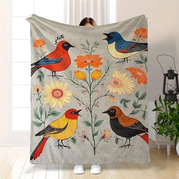 Cozy Soft Flannel Throw Blanket Suitable for Bed - Vibrant Bird & Floral Bedspread, Lightweight Warm Comforter for - /Outdoor Use, Bedspread for Modern Bedroom & Liv