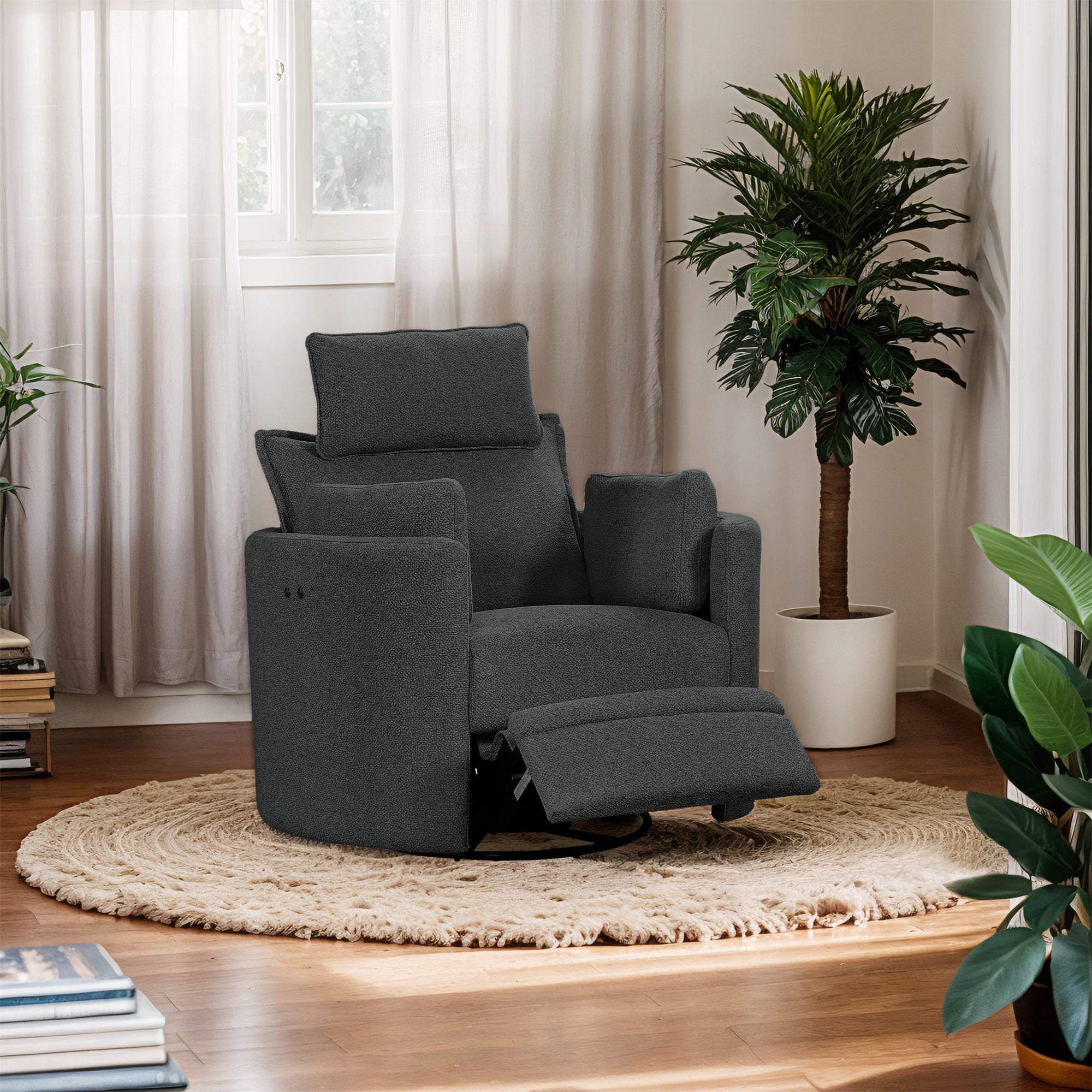 Cozy Soft Light Grey Swivel Power Recliner with Adjustable Headrest and Footrest