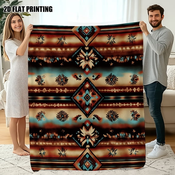 Cozy Southwestern Geometric Stripes Flannel Throw Blanket - Plush Turquoise Blue, Brown & Beige All-Season Bedspread for Couch, Bed, Office & Travel - Contemporary Home Decor Gift