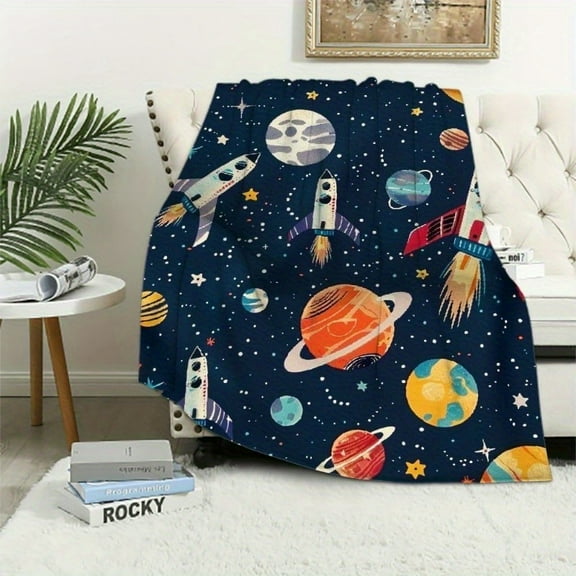 Cozy Space Explorer Flannel Blanket for Youngsters – Soft Navy Blue Galaxy & Rocket Design, Warm Fuzzy Throw with Vibrant Planets & Stars, 60x80in, Perfect for Nursery or Playroom Decor