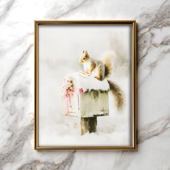 Cozy Squirrels Perched On Rustic Birdhouse - Winter Wall Art, Soft Cottagecore Decor, Gentle Festive 68 Unframed Paper Print